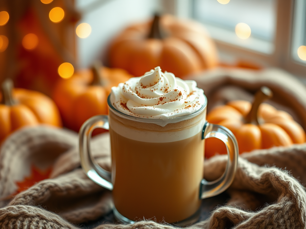 Pumpkin Spice Latte sitting in front of fefstive array of pumpkins